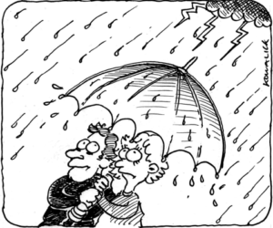 A couple under an umbrella in a rain storm